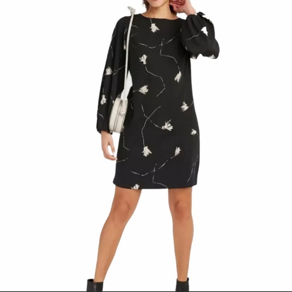 A New Day Black Floral Print Long Sleeve lined Dress - Picture 1 of 6